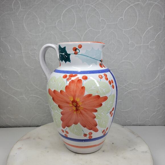 Pier 1 Italian Ceramic Pitcher Hand Painted Christmas Trees Floral Stars - Picture 1 of 15